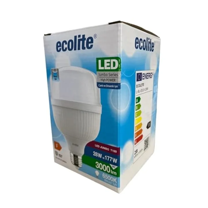 Ecolite 28W Jumbo LED Ampul (177W Eşdeğer) | 6500K Beyaz Işık | 3000 Lümen | E27 Duylu | Enerji Tasarruflu ve Uzun Ömürlü