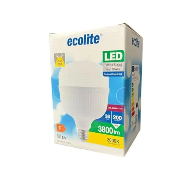 Ecolite 36W LED Ampul – 200W Eşdeğeri | E27 Duy, 3000K Sarı Işık, 3800 Lümen | Enerji Tasarruflu Jumbo LED Ampul | AC 220V, 166x115mm