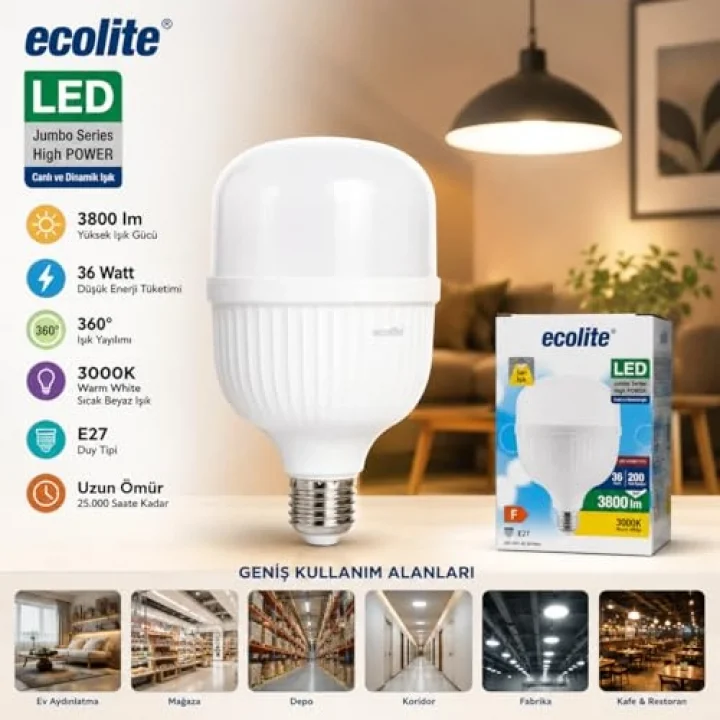 Ecolite 36W LED Ampul – 200W Eşdeğeri | E27 Duy, 3000K Sarı Işık, 3800 Lümen | Enerji Tasarruflu Jumbo LED Ampul | AC 220V, 166x115mm