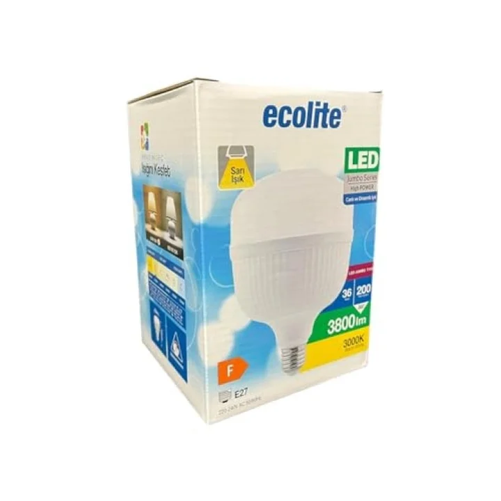 Ecolite 36W LED Ampul – 200W Eşdeğeri | E27 Duy, 3000K Sarı Işık, 3800 Lümen | Enerji Tasarruflu Jumbo LED Ampul | AC 220V, 166x115mm