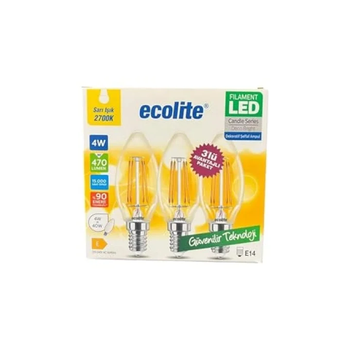 Ecolite 4W LED Filament Mum Ampul, E14 Duy, 2700K Sarı Işık, 470 Lümen, Şeffaf Cam, Akkor Görünümlü Dekoratif Lamba, 3lü Paket