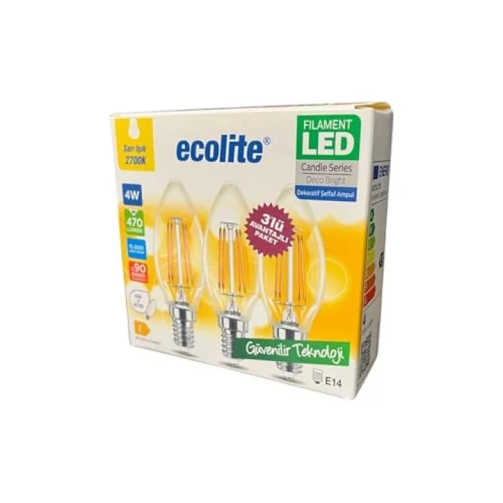 Ecolite 4W LED Filament Mum Ampul, E14 Duy, 2700K Sarı Işık, 470 Lümen, Şeffaf Cam, Akkor Görünümlü Dekoratif Lamba, 3lü Paket