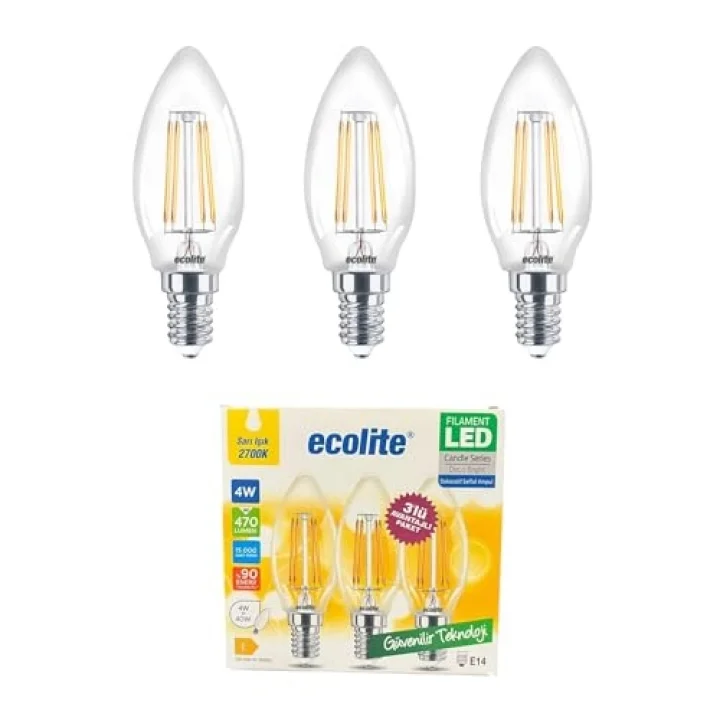 Ecolite 4W LED Filament Mum Ampul, E14 Duy, 2700K Sarı Işık, 470 Lümen, Şeffaf Cam, Akkor Görünümlü Dekoratif Lamba, 3lü Paket