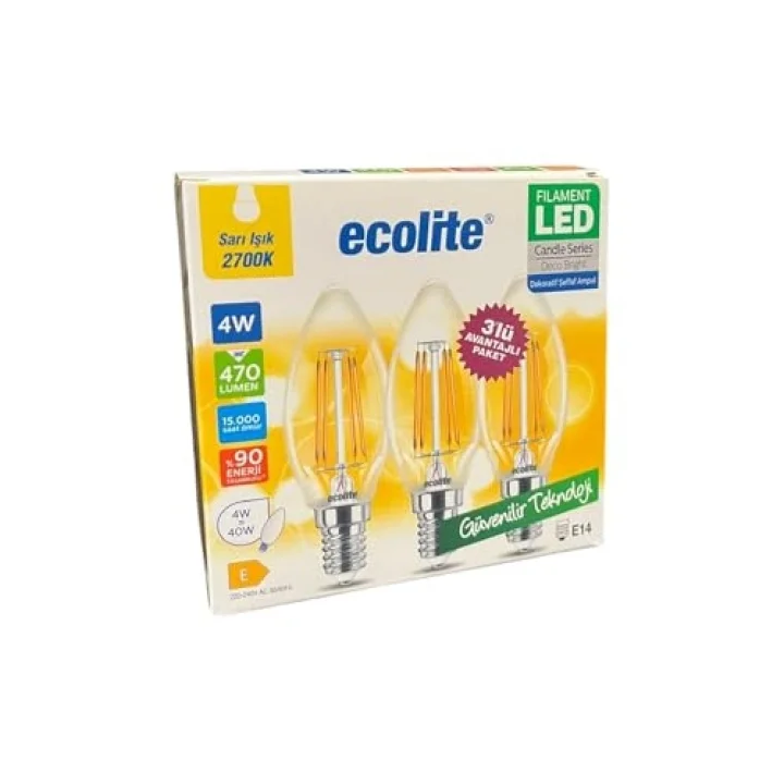 Ecolite 4W LED Filament Mum Ampul, E14 Duy, 2700K Sarı Işık, 470 Lümen, Şeffaf Cam, Akkor Görünümlü Dekoratif Lamba, 3lü Paket