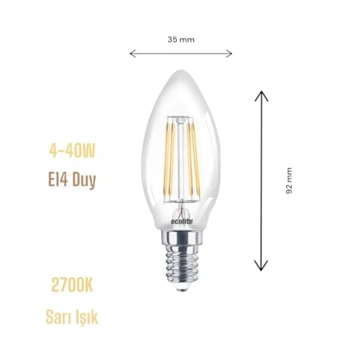 Ecolite 4W LED Filament Mum Ampul, E14 Duy, 2700K Sarı Işık, 470 Lümen, Şeffaf Cam, Akkor Görünümlü Dekoratif Lamba, 3lü Paket