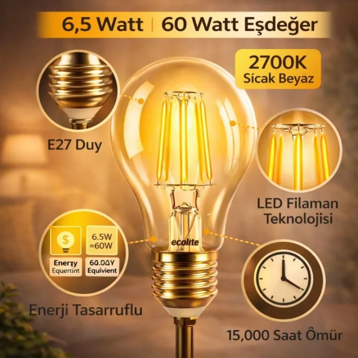 Ecolite 6,5W LED Filament Ampul E27 | 60W Eşdeğer | 2700K Sarı Işık | 810 Lümen | 2’li Paket | Enerji Sınıfı E