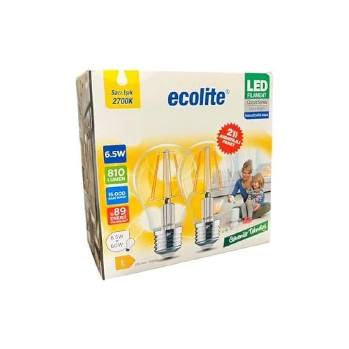 Ecolite 6,5W LED Filament Ampul E27 | 60W Eşdeğer | 2700K Sarı Işık | 810 Lümen | 2’li Paket | Enerji Sınıfı E