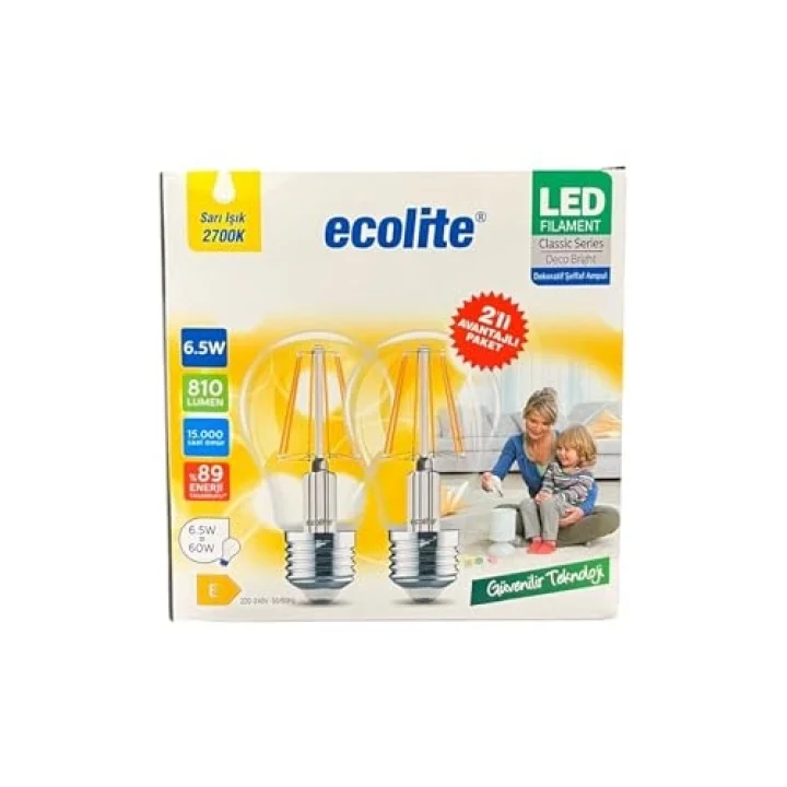 Ecolite 6,5W LED Filament Ampul E27 | 60W Eşdeğer | 2700K Sarı Işık | 810 Lümen | 2’li Paket | Enerji Sınıfı E