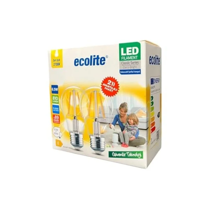Ecolite 6,5W LED Filament Ampul E27 | 60W Eşdeğer | 2700K Sarı Işık | 810 Lümen | 2’li Paket | Enerji Sınıfı E