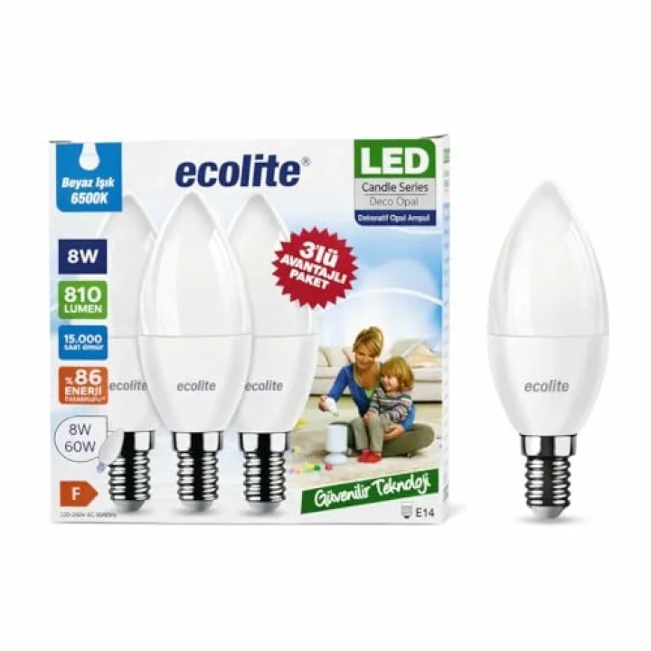 Ecolite 8 W LED Mum Ampul – E14 Duy, 3lü paket, 810 Lümen, 6500K Beyaz Işık, 60W Eşdeğer, Opal Dekoratif Ampul, Dimmerlenemez,%86 Enerji Tasarrufu, 99x37 mm