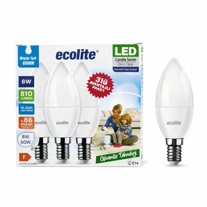 Ecolite 8 W LED Mum Ampul – E14 Duy, 3lü paket, 810 Lümen, 6500K Beyaz Işık, 60W Eşdeğer, Opal Dekoratif Ampul, Dimmerlenemez,%86 Enerji Tasarrufu, 99x37 mm