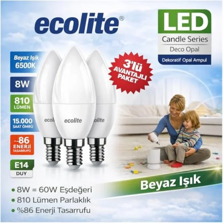 Ecolite 8 W LED Mum Ampul – E14 Duy, 3lü paket, 810 Lümen, 6500K Beyaz Işık, 60W Eşdeğer, Opal Dekoratif Ampul, Dimmerlenemez,%86 Enerji Tasarrufu, 99x37 mm