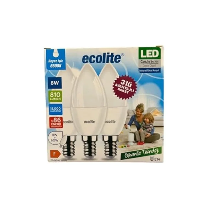 Ecolite 8 W LED Mum Ampul – E14 Duy, 3lü paket, 810 Lümen, 6500K Beyaz Işık, 60W Eşdeğer, Opal Dekoratif Ampul, Dimmerlenemez,%86 Enerji Tasarrufu, 99x37 mm