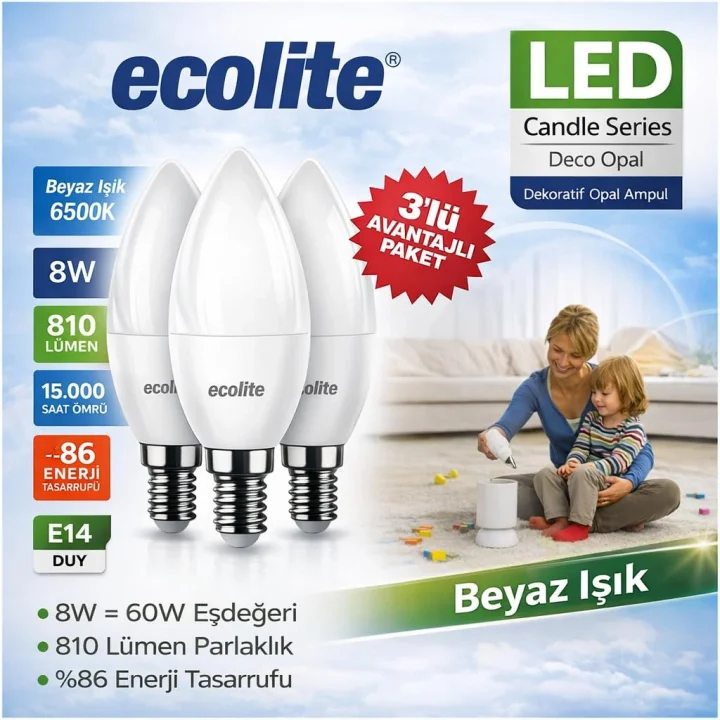 Ecolite 8 W LED Mum Ampul – E14 Duy, 3lü paket, 810 Lümen, 6500K Beyaz Işık, 60W Eşdeğer, Opal Dekoratif Ampul, Dimmerlenemez,%86 Enerji Tasarrufu, 99x37 mm