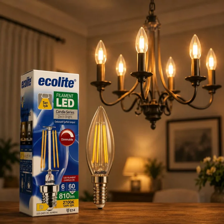 Ecolite Filament LED Mum Ampul E14 Duy 6W 810 Lümen Dim Edilebilir 2700K Sarı Işık Şeffaf Dekoratif Vintage Ampul 60W Eşdeğer C35 Candle Series (1)