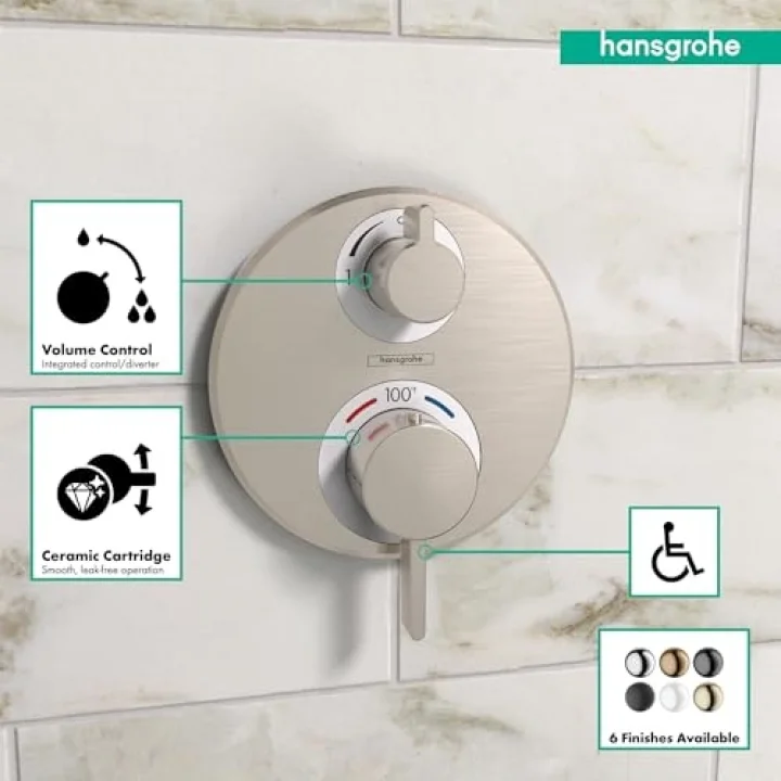 Ecostat S Modern Minimalist Hacim ve Otomatik Sıcaklık Kontrolü 2 Saplı 15,24 cm Genişliğinde Termostatik Duş Pervazı, Fırçalanmış Nikel Yönlendiricili Kaba Valf için, 15758821