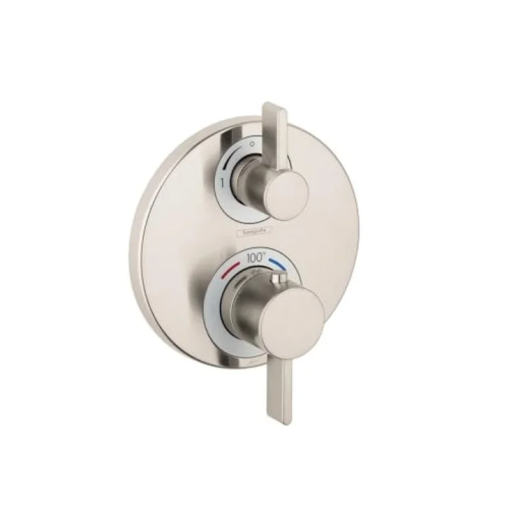 Ecostat S Modern Minimalist Hacim ve Otomatik Sıcaklık Kontrolü 2 Saplı 15,24 cm Genişliğinde Termostatik Duş Pervazı, Fırçalanmış Nikel Yönlendiricili Kaba Valf için, 15758821