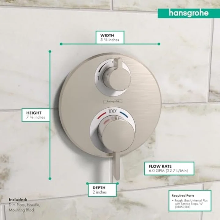 Ecostat S Modern Minimalist Hacim ve Otomatik Sıcaklık Kontrolü 2 Saplı 15,24 cm Genişliğinde Termostatik Duş Pervazı, Fırçalanmış Nikel Yönlendiricili Kaba Valf için, 15758821