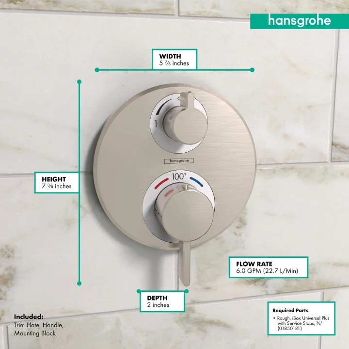 Ecostat S Modern Minimalist Hacim ve Otomatik Sıcaklık Kontrolü 2 Saplı 15,24 cm Genişliğinde Termostatik Duş Pervazı, Fırçalanmış Nikel Yönlendiricili Kaba Valf için, 15758821