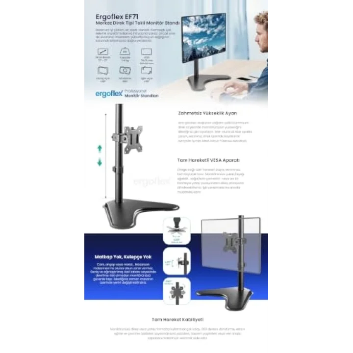 EF71 Steel Design 2-8 kg Tek Kol Asansörlü 13-32 Desktop Monitör Standı