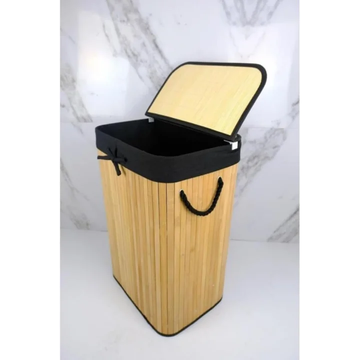 El Yapımı Hasır Katlanır Çamaşır Sepeti Dikdörtgen 72 Litre (40cm*30cm*61cm), Doğal Malzemeden Üretilmiş Çamaşırlık (NATURAL - SİYAH)