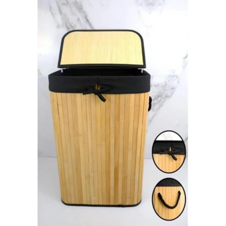El Yapımı Hasır Katlanır Çamaşır Sepeti Dikdörtgen 72 Litre (40cm*30cm*61cm), Doğal Malzemeden Üretilmiş Çamaşırlık (NATURAL - SİYAH)