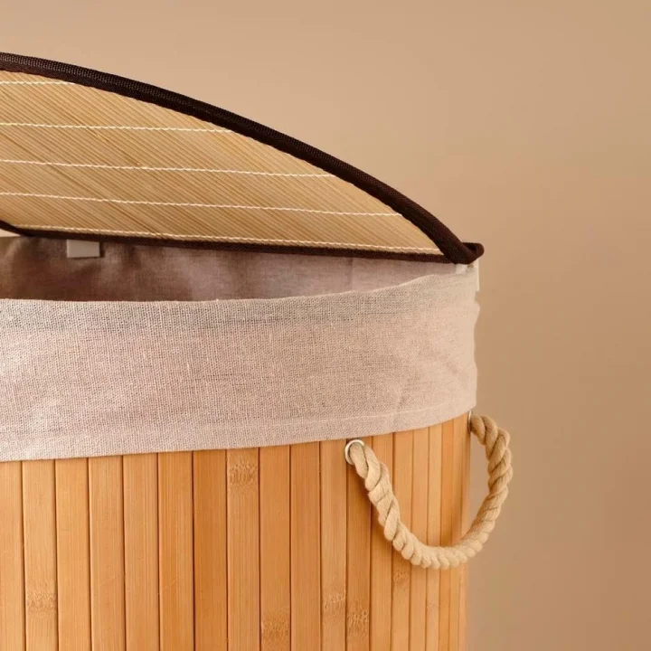 El Yapımı Hasır Katlanır Çamaşır Sepeti Yuvarlak 60 Litre (35cm*35cm*61cm), Doğal Malzemeden Üretilmiş Çamaşırlık (NATUREL)