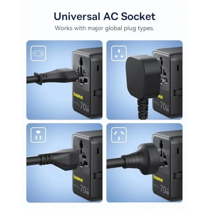 Enercore Evrensel Priz Adaptörü 70W Geri Çekilebilir Kablolu, 2 AC Prizi + 2USB-A + 1USB-C ile Uluslararası Seyahat Şarj Cihazı, ABD, İngiltere, Çin, Japonya, Tayland ile Uyumlu