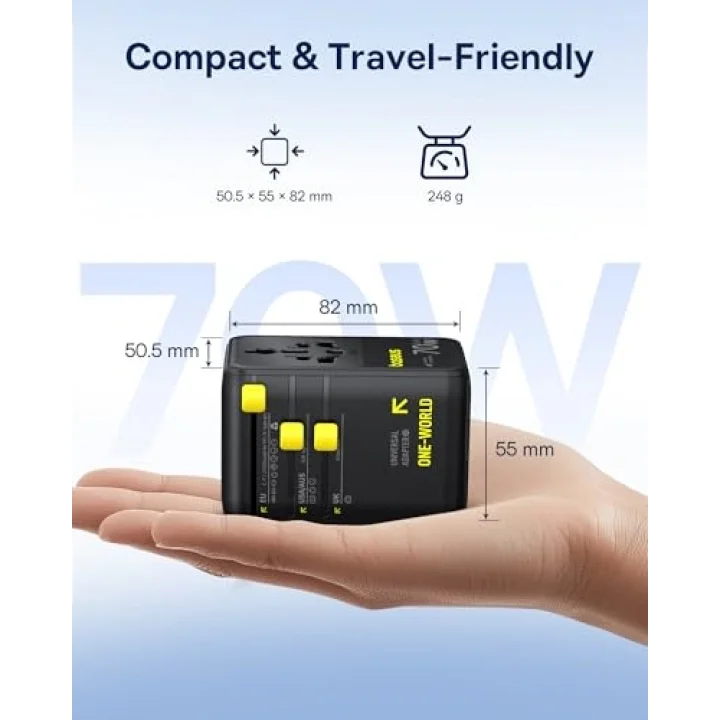 Enercore Evrensel Priz Adaptörü 70W Geri Çekilebilir Kablolu, 2 AC Prizi + 2USB-A + 1USB-C ile Uluslararası Seyahat Şarj Cihazı, ABD, İngiltere, Çin, Japonya, Tayland ile Uyumlu