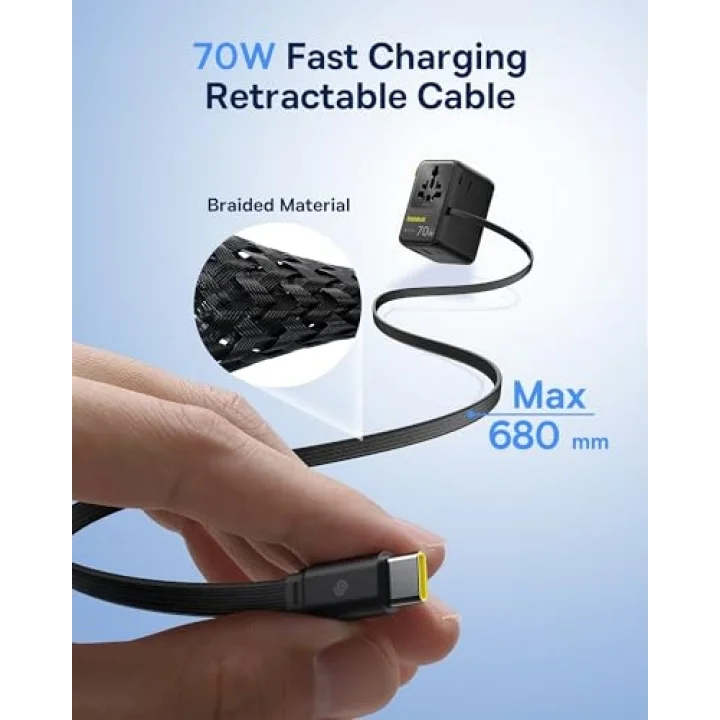Enercore Evrensel Priz Adaptörü 70W Geri Çekilebilir Kablolu, 2 AC Prizi + 2USB-A + 1USB-C ile Uluslararası Seyahat Şarj Cihazı, ABD, İngiltere, Çin, Japonya, Tayland ile Uyumlu