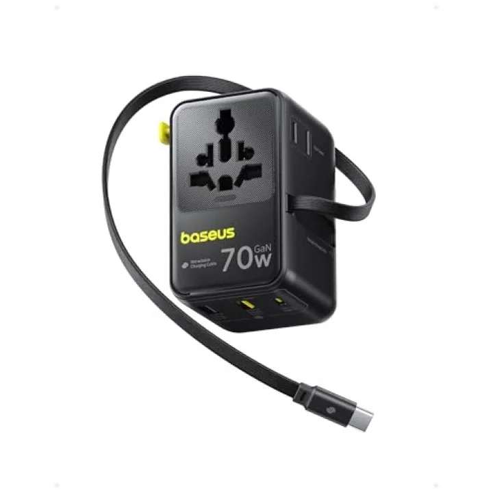 Enercore Evrensel Priz Adaptörü 70W Geri Çekilebilir Kablolu, 2 AC Prizi + 2USB-A + 1USB-C ile Uluslararası Seyahat Şarj Cihazı, ABD, İngiltere, Çin, Japonya, Tayland ile Uyumlu