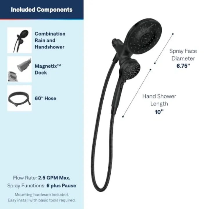Engage Magnetix Mat Siyah 2.5 GPM Elde Taşınabilir/Yağmur Duş Başlığı Manyetik Yerleştirme Sistemine Sahip 2si 1 Arada Kombo, Çıkarılabilir El Spreyli Yağmur Duş Başlığı, 26009