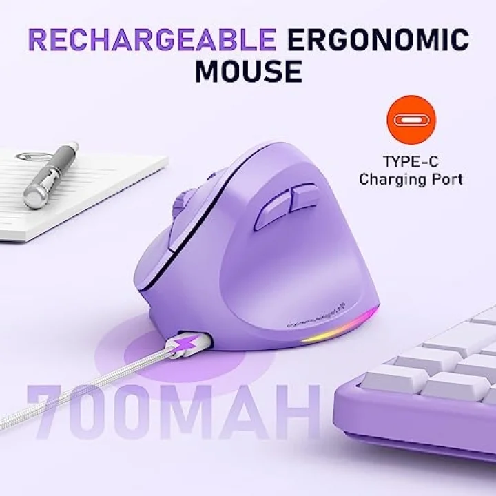 Ergonomik fare, kablosuz dikey fare RGB arkadan aydınlatmalı şarj edilebilir fare, Bluetooth (5.2 + 3.0) ve USB-A USB-C adaptörlü 4 ayarlanabilir DPI uyumlu Mac/Windows/Andriod/PC/Tablet/iPad