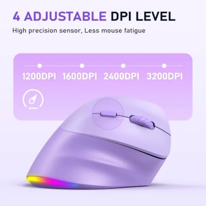 Ergonomik fare, kablosuz dikey fare RGB arkadan aydınlatmalı şarj edilebilir fare, Bluetooth (5.2 + 3.0) ve USB-A USB-C adaptörlü 4 ayarlanabilir DPI uyumlu Mac/Windows/Andriod/PC/Tablet/iPad