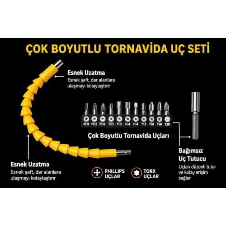Esnek Tornavida Ucu Seti 14 Parça Dar Alanlar İçin Akrobat Tornavida Aparatı, Manyetik Tornavida Uzatma Ucu, Torx Allen PH Bits ile Profesyonel Tamir ve Montaj Seti