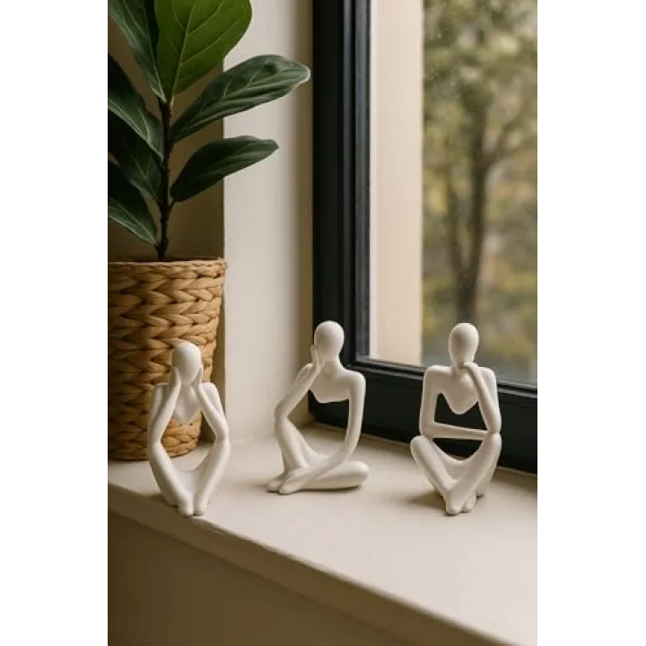 Ev & Ofis Dekoru – Beyaz 3’lü İnsan Figürü Seti | El Yapımı Minimalist Heykel Takımı