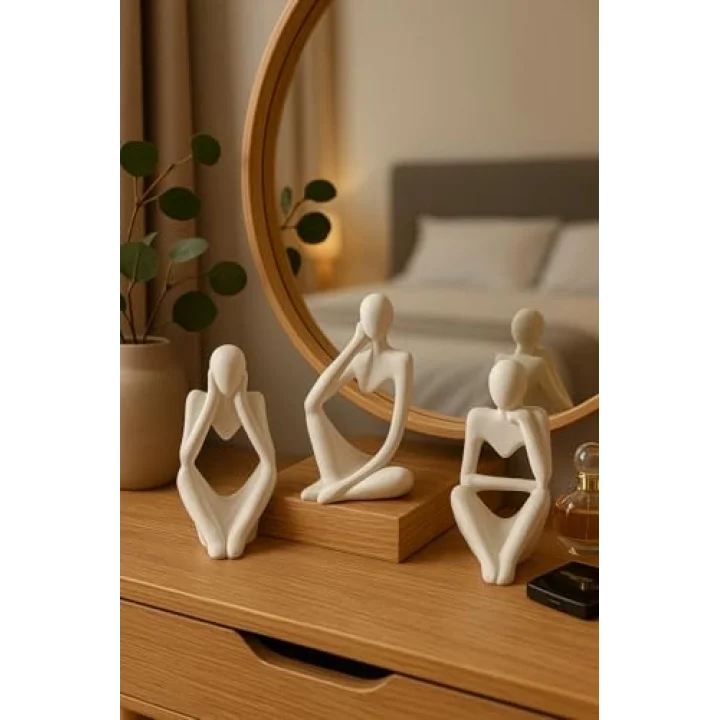 Ev & Ofis Dekoru – Beyaz 3’lü İnsan Figürü Seti | El Yapımı Minimalist Heykel Takımı