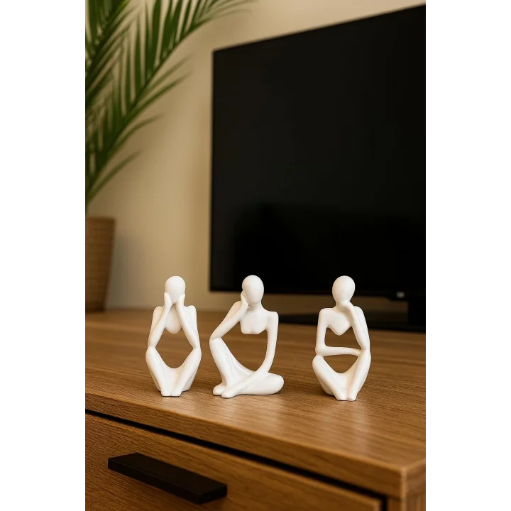 Ev & Ofis Dekoru – Beyaz 3’lü İnsan Figürü Seti | El Yapımı Minimalist Heykel Takımı