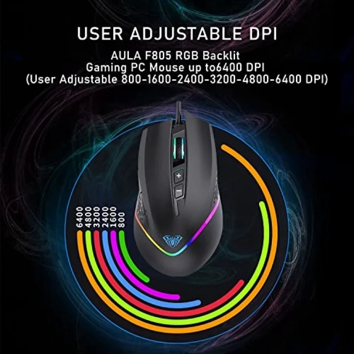 F805 6400DPI RGB 7 Tuşlu Makro Optik Oyuncu Mouse, Siyah