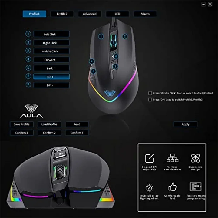 F805 6400DPI RGB 7 Tuşlu Makro Optik Oyuncu Mouse, Siyah