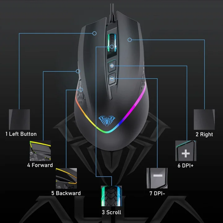 F805 6400DPI RGB 7 Tuşlu Makro Optik Oyuncu Mouse, Siyah
