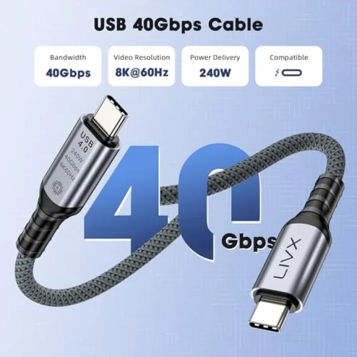 FAST USB 4.0 40Gbps, 240W, 8K60Hz USB4.0 USB-C Kablosu 1 Metre Gri KLV-01