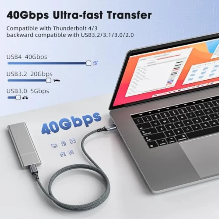 FAST USB 4.0 40Gbps, 240W, 8K60Hz USB4.0 USB-C Kablosu 1 Metre Gri KLV-01
