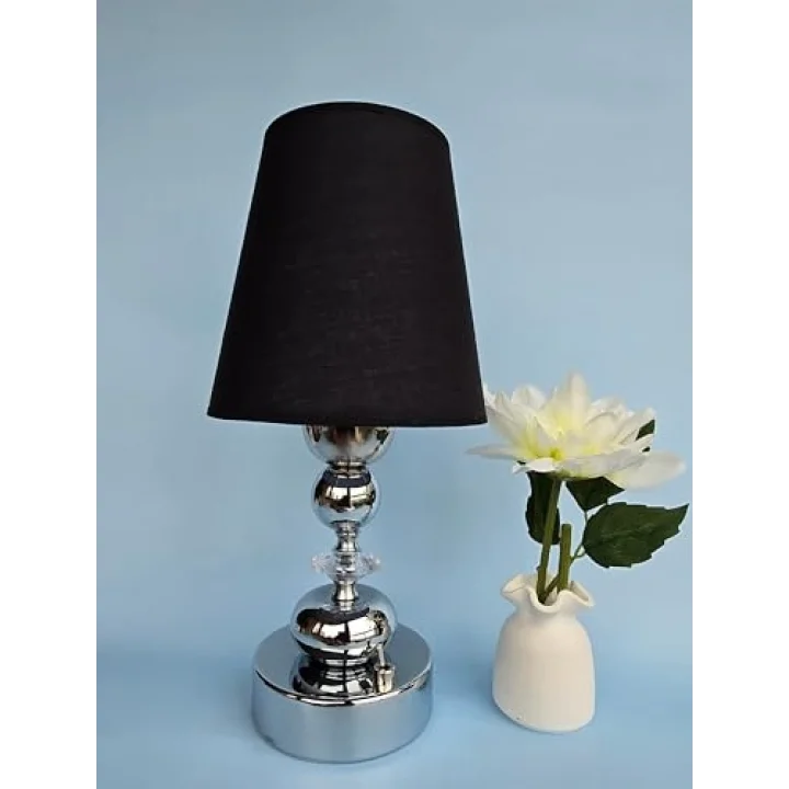 Fey Abajur, Kablosuz Pilli Masa Lambası -Dekoratif LED Abajur - Taşınabilir Gece Lambası, Piili gece lambası, Pilli masa lambasu, Kablosuz gece lambası, SİYAHŞAPKAKüre-Plst.Krst-Yuvarlak Krom Ayak