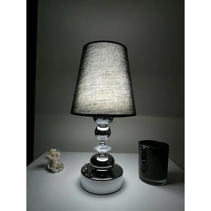 Fey Abajur, Kablosuz Pilli Masa Lambası -Dekoratif LED Abajur - Taşınabilir Gece Lambası, Piili gece lambası, Pilli masa lambasu, Kablosuz gece lambası, SİYAHŞAPKAKüre-Plst.Krst-Yuvarlak Krom Ayak