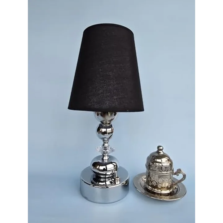 Fey Abajur, Kablosuz Pilli Masa Lambası -Dekoratif LED Abajur - Taşınabilir Gece Lambası, Piili gece lambası, Pilli masa lambasu, Kablosuz gece lambası, SİYAHŞAPKAKüre-Plst.Krst-Yuvarlak Krom Ayak