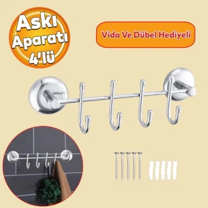FEYZAYAPI Metal 4lü Banyo Lavabo Vidalı Askılık Sağlam Aparat Krom Askılık Elbise Havlu Asma Askı