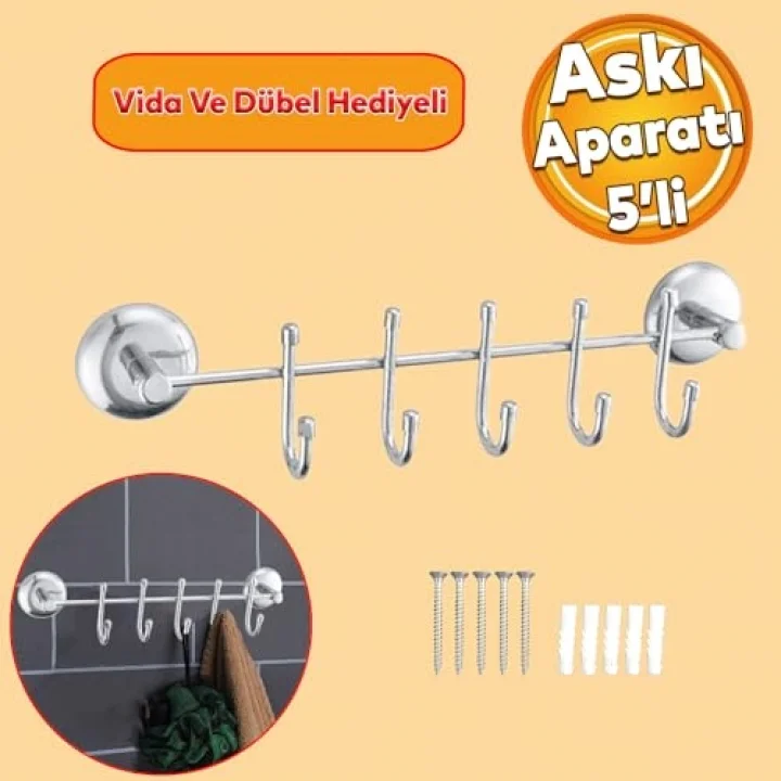 FEYZAYAPI Vidalı Askılık 5li Metal Banyo Lavabo Sağlam Aparat Krom Askılık Elbise Havlu Asma Askı