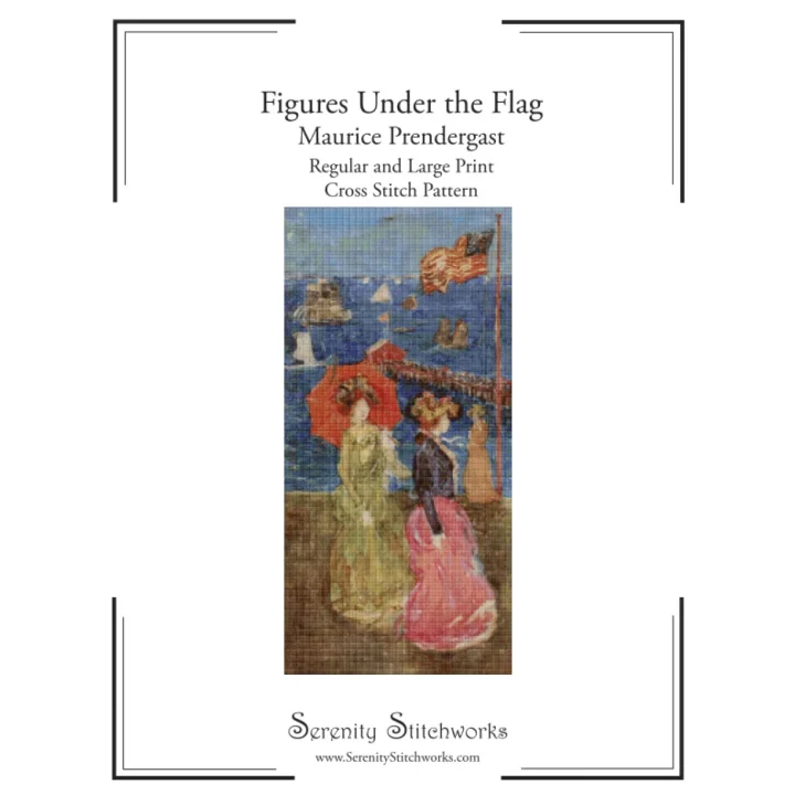 Figures Under the Flag Cross Stitch Pattern - Maurice Prendergast: Regular and Large Print Cross Stitch Chart