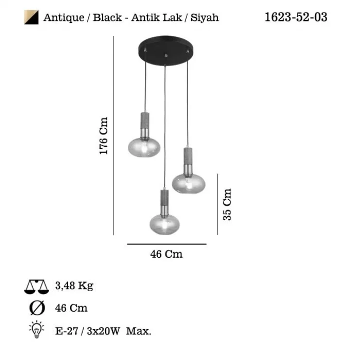 Fontas 3lü Antik Lak Sarkıt Avize, 3 X E27